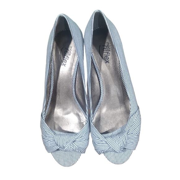 Moda Reflex Cork Wedge Peep Toe Shoes, Navy & White, Size 8.5 - Picture 1 of 7